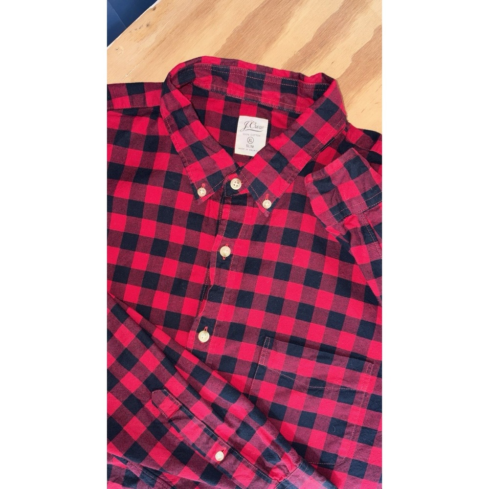 J Crew Flannel XL Slim Fit Red Black Buffalo Shepards Check Button Up‎ Pocket